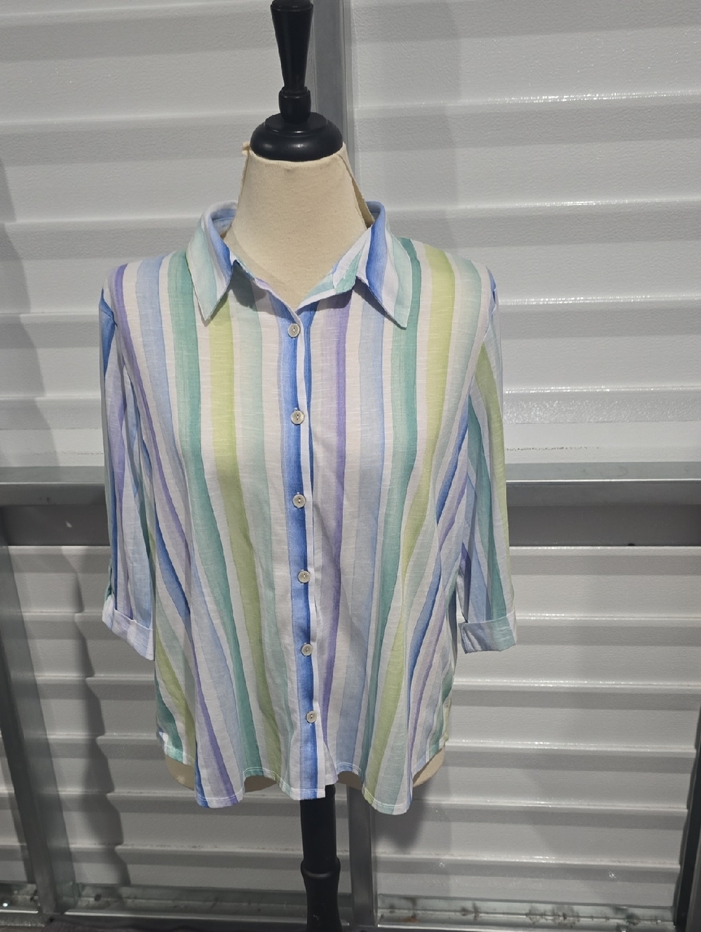 Alfred Dunner Pastel Striped Button-Down Shirt - Blue,‎ Green, Purple, White XL